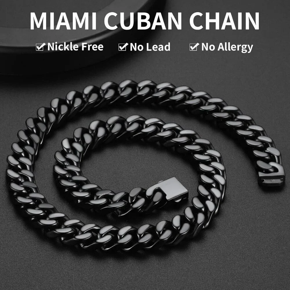 Men's 14mm Width Steel Black 18K Gold Plated Cuban Durable Hip Hop Chain Jewelry